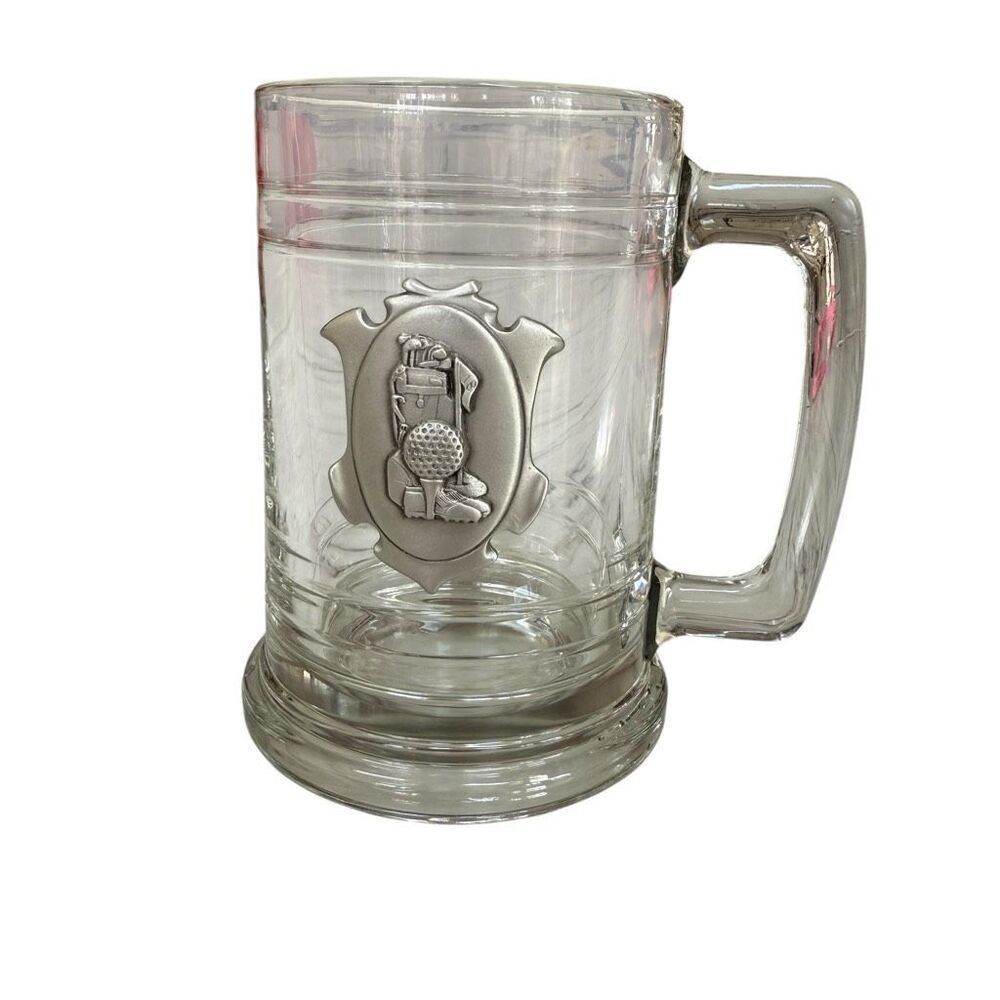 Clear Glass Beer Mug Stein with Pewter Golf Ball Clubs Sporting Motif
